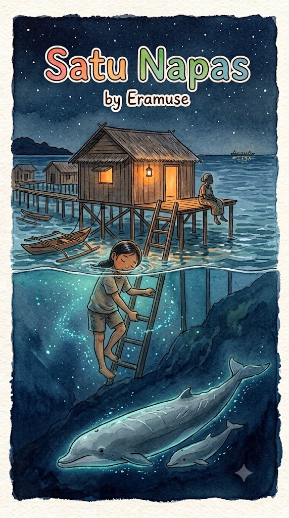 Sampul buku Satu Napas: seorang anak perempuan menuruni tangga rumah panggung ke dalam laut malam, dengan dua paus bercahaya di bawahnya