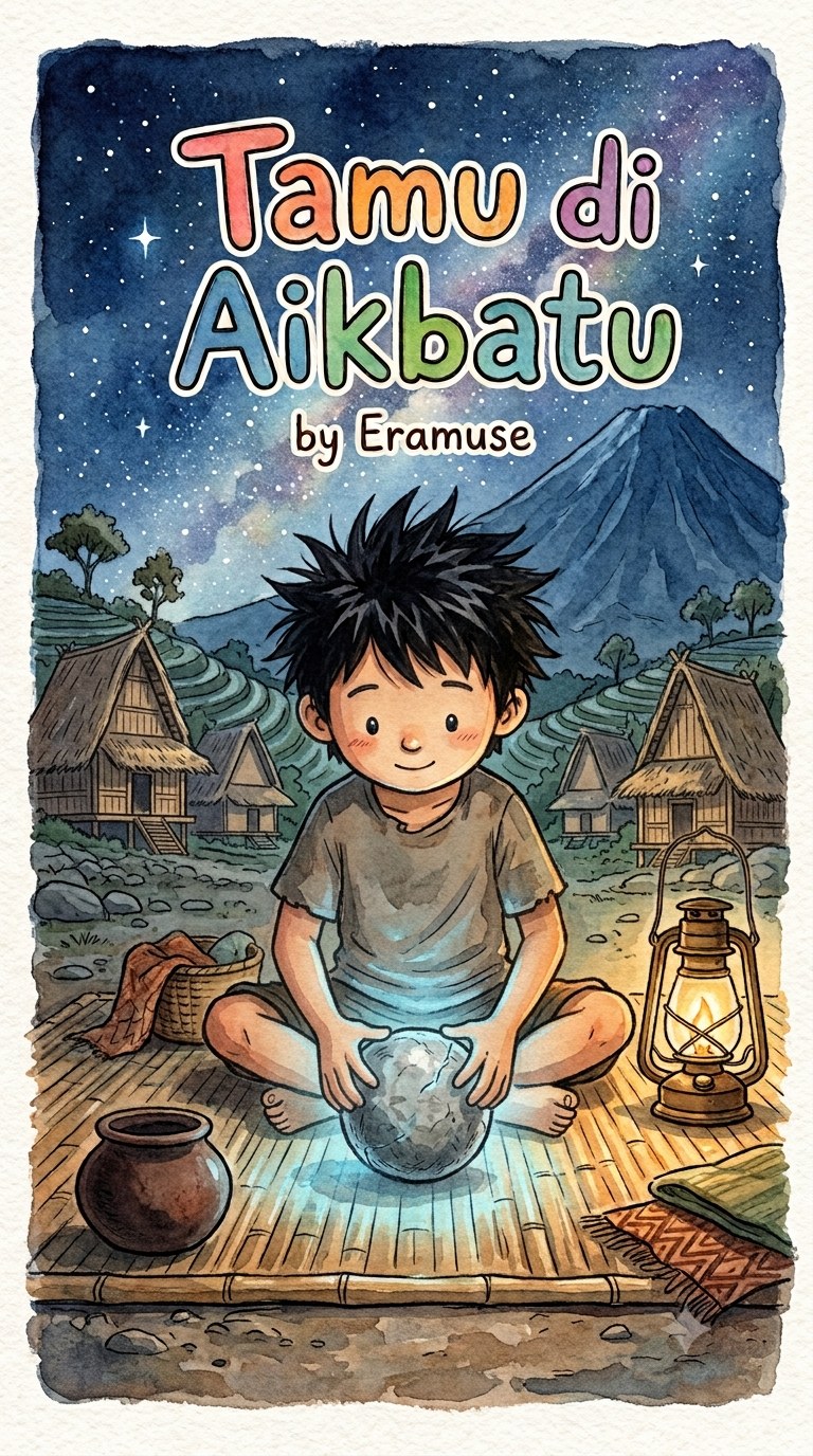 Sampul buku Tamu di Aikbatu: seorang anak berambut jabrik duduk memegang bola batu yang bercahaya biru, dengan Gunung Rinjani dan langit berbintang di belakangnya